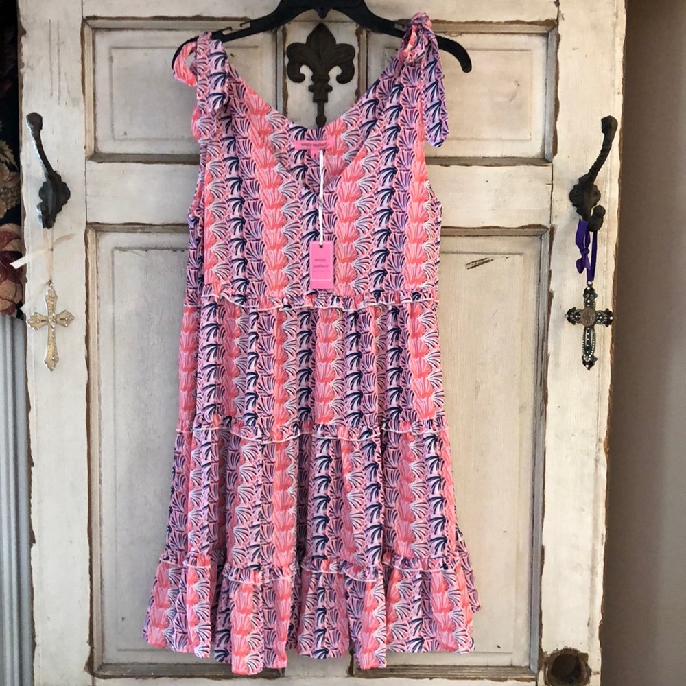 Simply Southern NWT Gathered Dress scallops Boho Hippie Pink purple Sun Size S